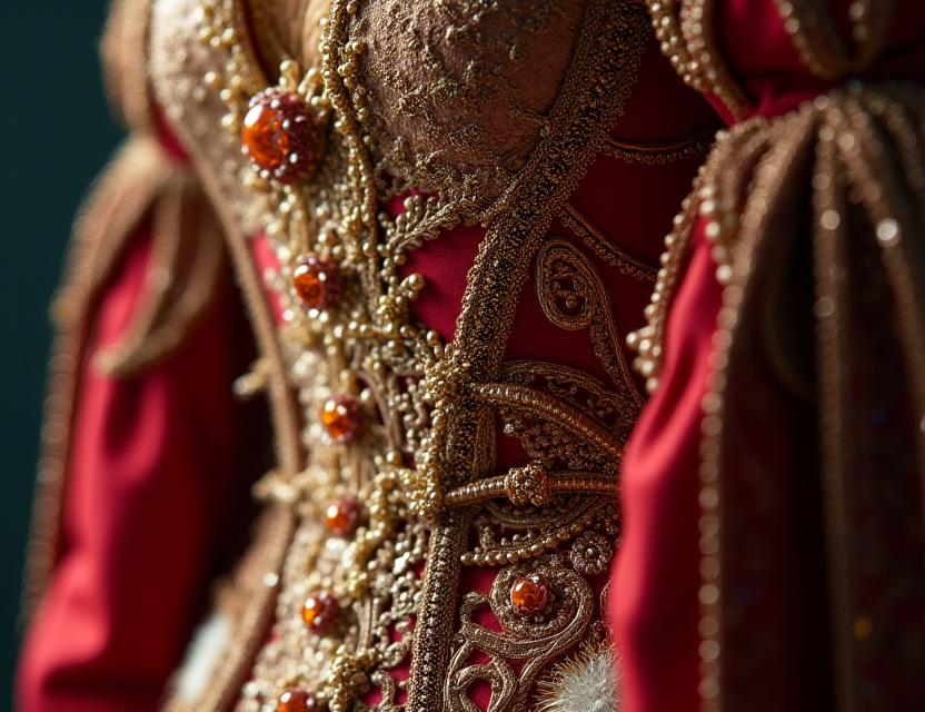 Dettaglio di un elaborato costume teatrale artigianale, ricco di tessuti e ricami.